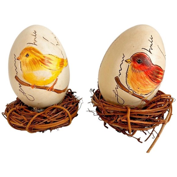 6 Vintage Hand Painted Birds On Ceramic Eggs In Nests Blue Yellow 3 1/4 Inch - Picture 5 of 12